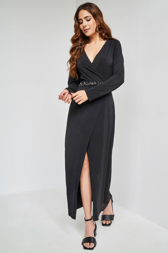 Black Long Length Flared Fit And Flare Gown, Black, image 2